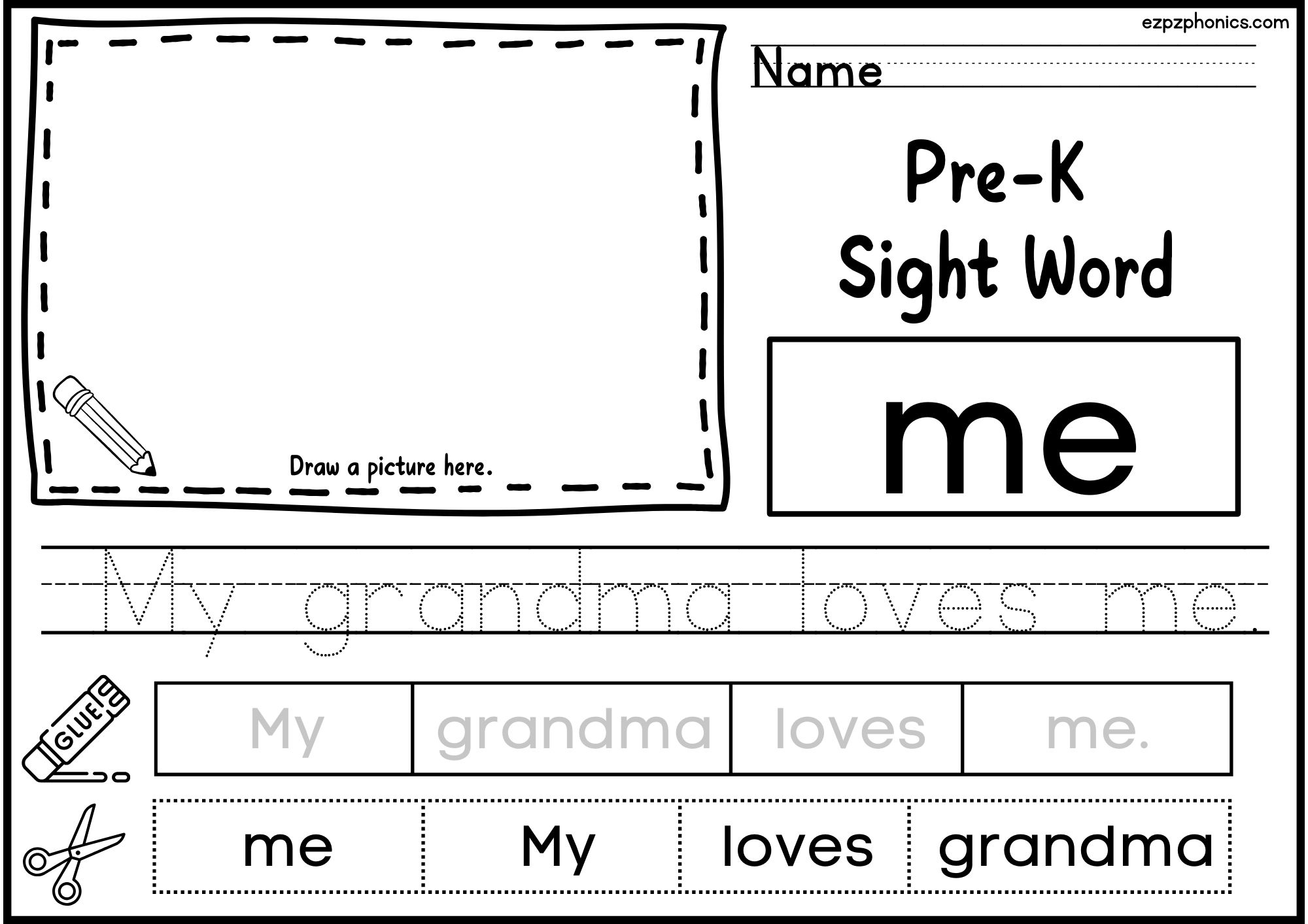 Me Dolch Sight Word Activity. Draw, Color, Cut and Paste, and Word Tracing.